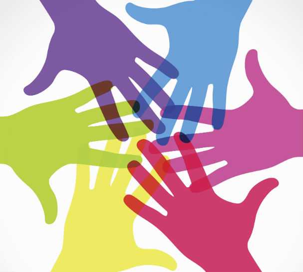 multicolored handprints interlocking fingers